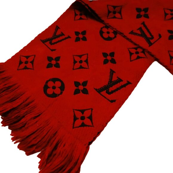 LOUIS VUITTON LV Classic Luxury Vintage Red Black Wool & Silk Monogram Scarf - Picture 3 of 15